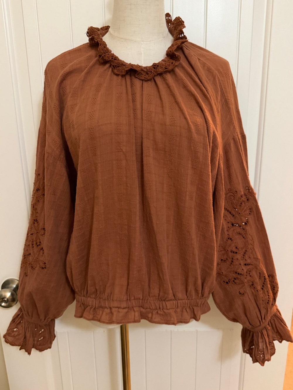 Anthropologie Pilcro Rust Brown Eyelet Peasant Blouse Size XL Boho, Cottagecore - Picture 6 of 16